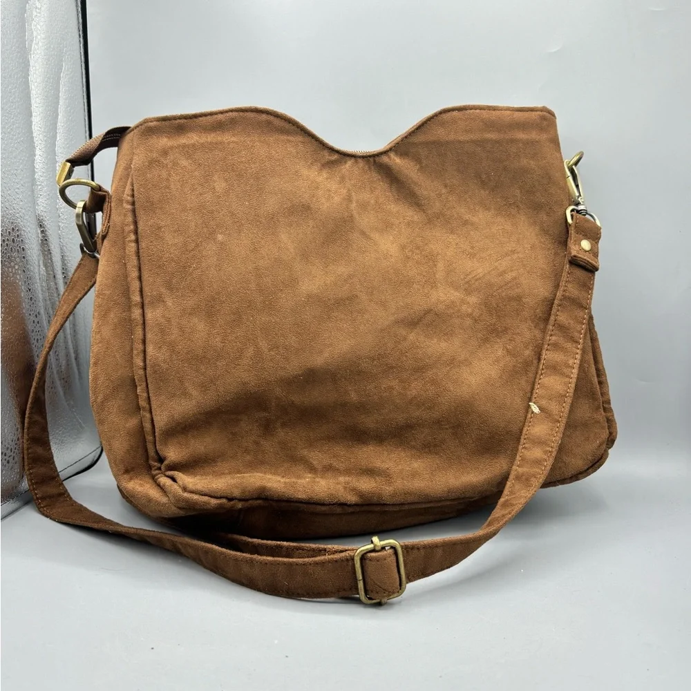 Hand Crafted Brown Crossbody Bag with Fringe and Tribal Design - Picture 2 of 5